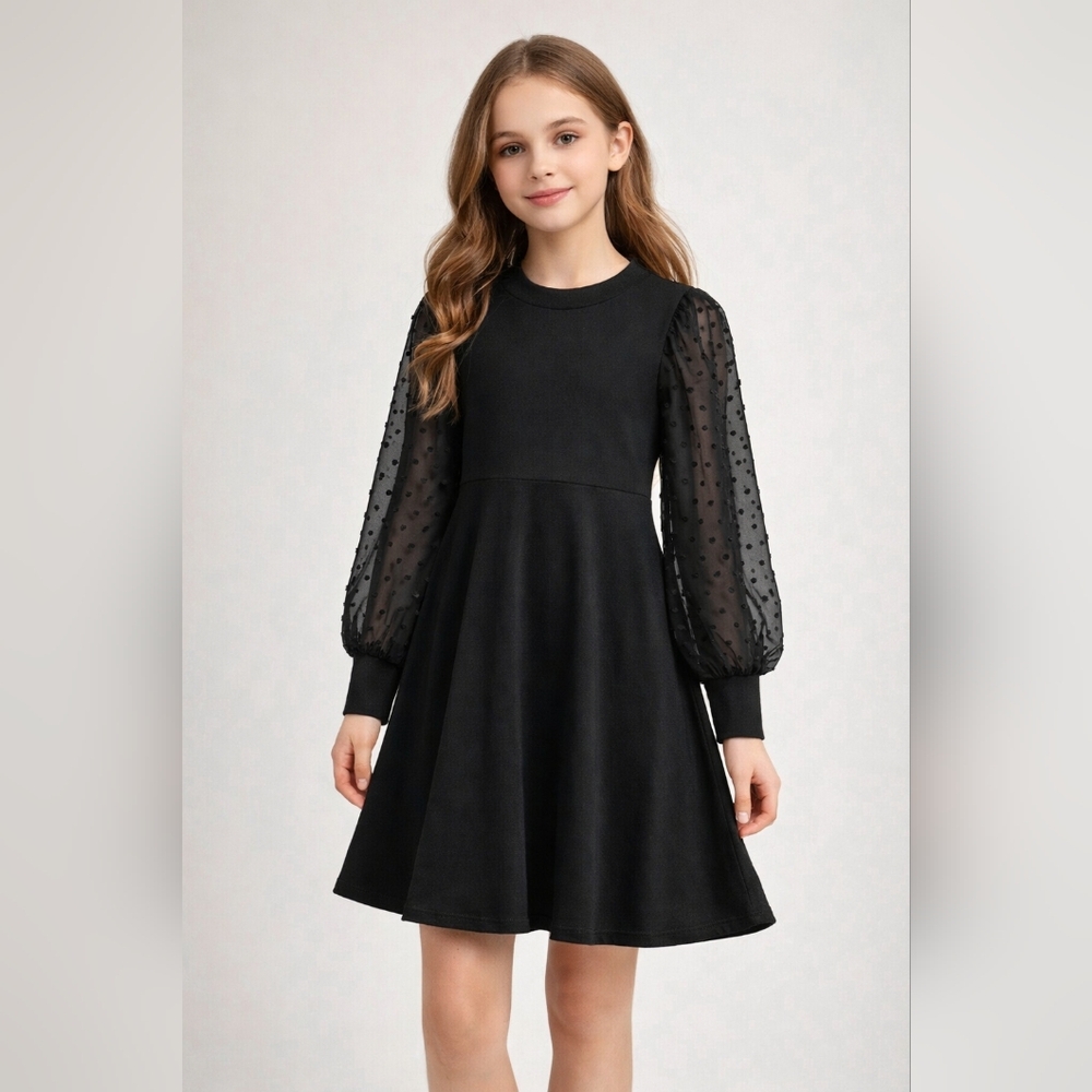 Girls Black Fit & Flare Dress with Sheer Polka‎ Dot Sleeves XL